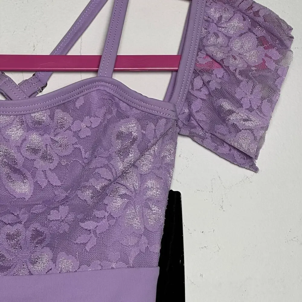 Theatricals Child Lavender Lace Off-Shoulder Dance Leotard Costume Dress CXS NWT